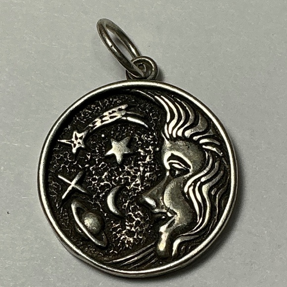 Sterling Silver Celestial Scene Pendant for Necklace. 3/4 inch diameter - Picture 1 of 5
